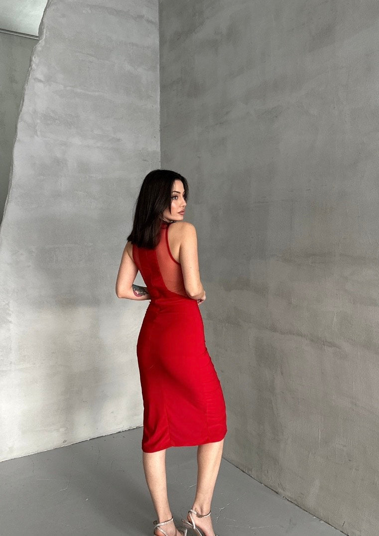 ABITO LUNGO CON INSERTI IN TULLE -NERO O ROSSO O BIANCO